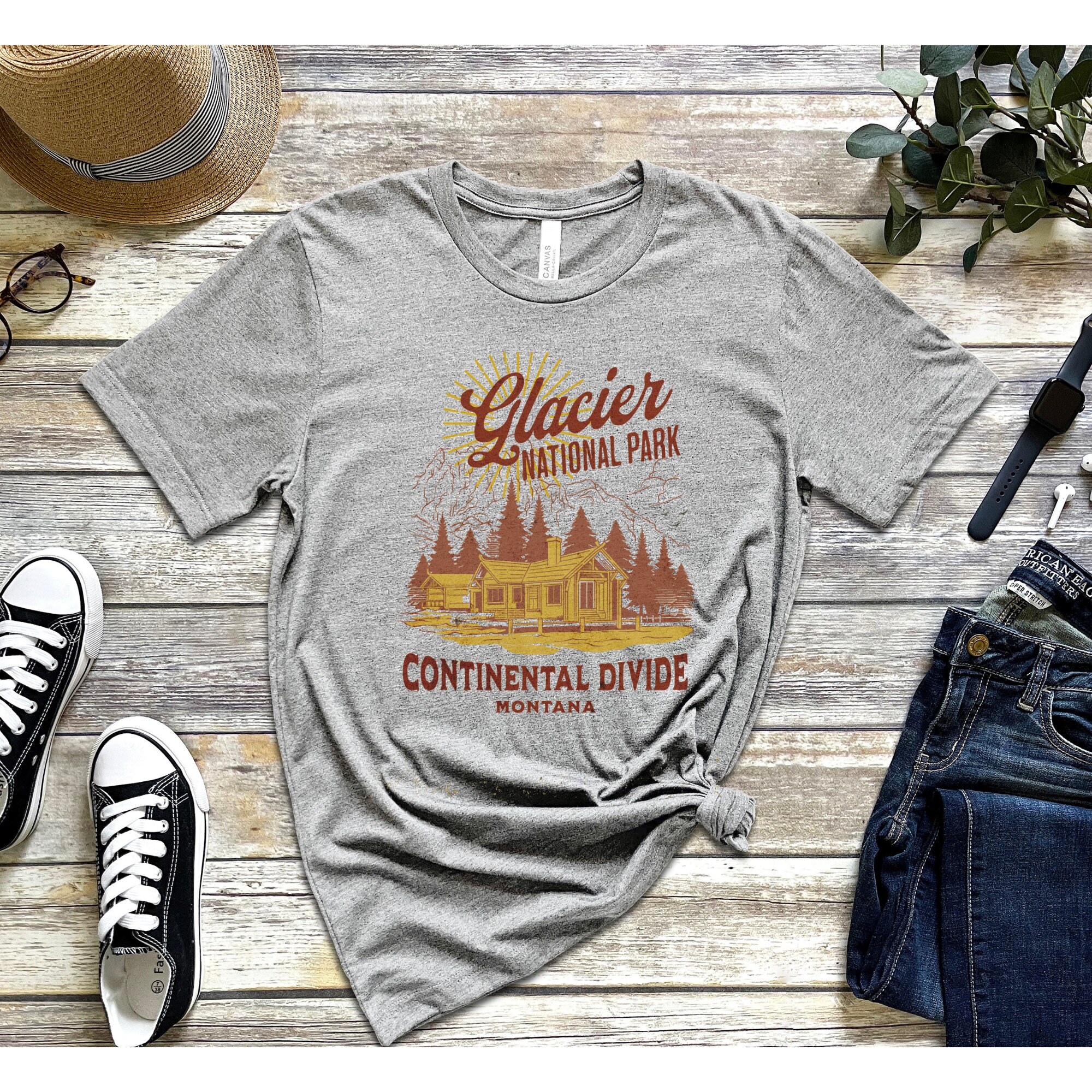 T-shirt Vintage Glacier National Park - Manches Courtes Vert - Taille L