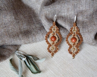 Micro Macrame earrings with aventurine and brass beads /Rustic elegant brown earrings/ Micro Macrame jewelry/ Tribal festival long earrings