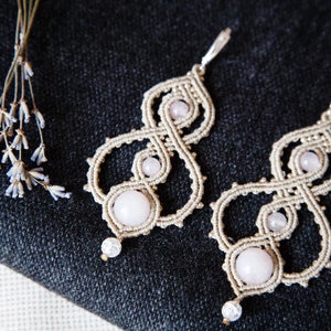 Micro Macrame earrings rose quartz,gift for her/Wedding macrame pink earrings/ Bohemian Tribal jewelry/ Rustic lace earrings/Hippie earrings