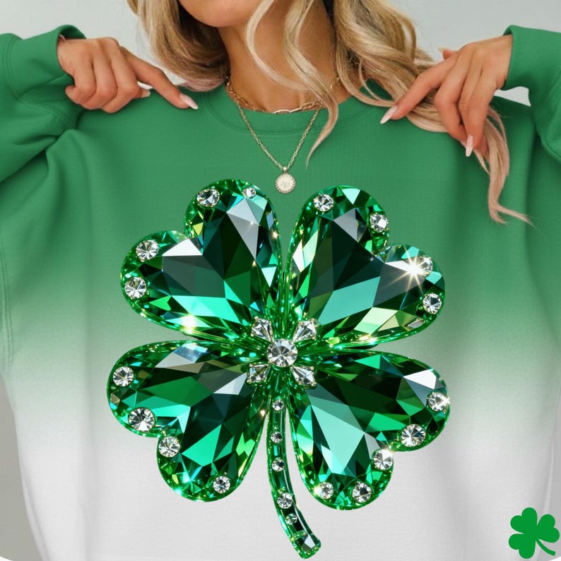 May include: Green sweatshirt featuring a large, sparkling shamrock design. The shamrock is a vibrant green with crystal accents, set against a gradient background that fades from green to white. A small shamrock graphic is in the lower right corner.