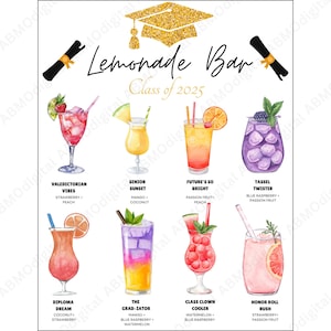 Menu du bar limonade fête de remise des diplômes PNG, enseigne de bar limonade imprimable, décor de station de cocktails, menu de boissons PDF pour la fête des diplômés