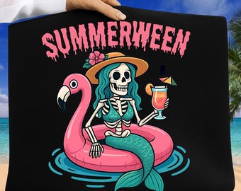 Summerween PNG, Summerween Mermaid Skeleton Beach Flamingo PNG, Funny Halloween Summer Vacation Shirt Design, Summer Png, Digital Download