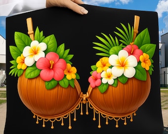 Costume di Halloween con reggiseno in cocco in formato PNG, design divertente fai da te per camicia hawaiana estiva, outfit di gruppo coordinato per la spiaggia tropicale, download digitale estivo