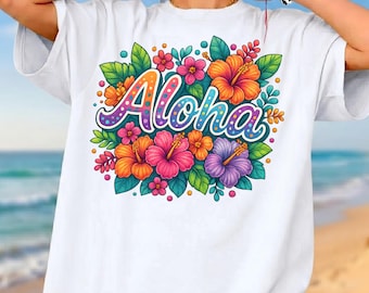 Aloha Tropical Flowers Summer Vacation PNG, Hawaii Beach Family Shirt Design, Island Vibes Png, Summer Png, Beach Life Png, Digital Download