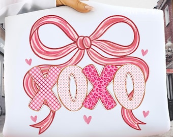 Xoxo Coquette Bow Valentine Brushstroke PNG, Pink Hearts Love Day Desin, Valentines Day Girly Sublimation, Doodle Heart Digital Download