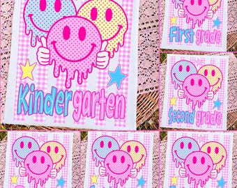 Striped Back To School Png Bundle, Pink Gingham Stripes PNG, Pre-K To Fourth Grade Design, Smiley Face School Png, First Day Of School Png