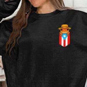 K&ouml;nnte beinhalten: Schwarzes Sweatshirt mit einem Taschen-Design mit einer Cartoon-Frosch, der einen Hut tr&auml;gt. Die Tasche ist mit der puerto-ricanischen Flagge gestaltet. Der Frosch ist orange und der Hut ist hellbraun.