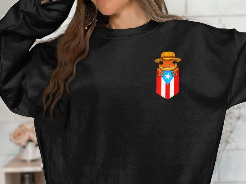 K&ouml;nnte beinhalten: Schwarzes Sweatshirt mit einem Taschen-Design mit einer Cartoon-Frosch, der einen Hut tr&auml;gt. Die Tasche ist mit der puerto-ricanischen Flagge gestaltet. Der Frosch ist orange und der Hut ist hellbraun.