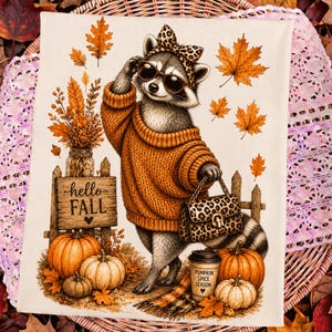 Hello Fall Raccoon Png, Glam Raccoon Bow PNG, Cute Animal Autumn Design, Cozy Season Png, Pumpkin Spice Png, Trending Fall Png, Fall Vibes