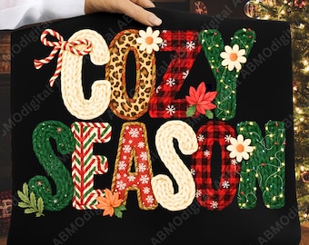 Preppy Cozy Season Faux Yarn PNG, Leopard Merry Christmas PNG, Perppy Christmas PNG, Faux Crochet Coquette Bow, Digital Download
