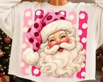 Pink Santa PNG, Stripes Polka Dots Png, Santa Claus Png, Sparkle Santa Christmas gifts png, Retro Christmas shirt design, Hand Painted Santa