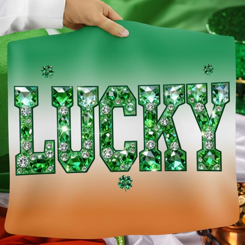 May include: A green and orange decorative sign with the word "LUCKY" spelled out in large, gem-studded letters. The letters are emerald green with clear crystal accents. A small shamrock is below the "Y".