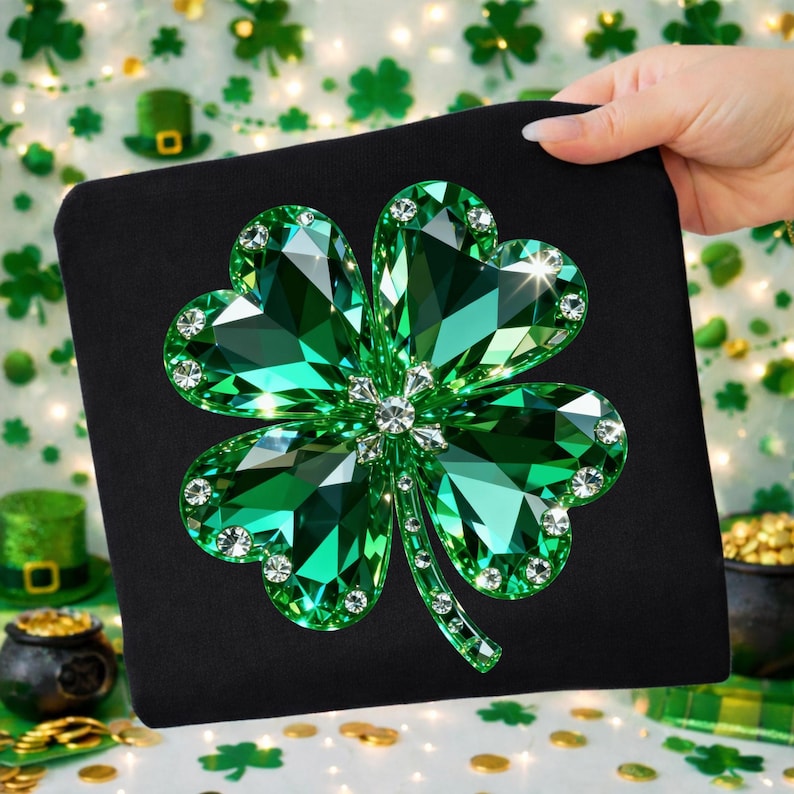 May include: A black square clutch featuring a large, sparkling green shamrock design. The shamrock is embellished with faceted green crystals and clear rhinestones, creating a dazzling effect. The clutch is held by a hand.