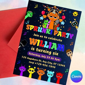 K&ouml;nnte beinhalten: Eine farbenfrohe Einladung zu einer Sprunki-Party zum sechsten Geburtstag von William. Die Einladung zeigt eine Comicfigur mit Kopfh&ouml;rern und einer Partym&uuml;tze, umgeben von anderen bunten Figuren. Der Text auf der Einladung lautet "Sprunki Party" und "Feiert mit uns William, der sechs Jahre alt wird". Die Einladung enth&auml;lt auch das Datum, die Uhrzeit und den Ort der Party.