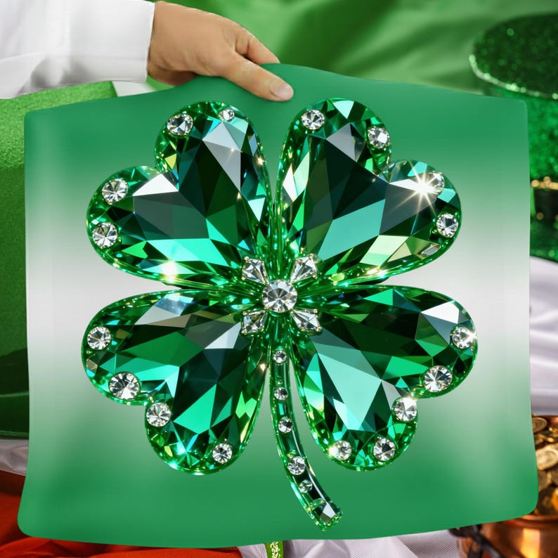 May include: A green pillow featuring a large, sparkling shamrock design. The shamrock is composed of faceted emerald-green gems, each outlined with smaller, clear crystals. The design is centered on a gradient green background.