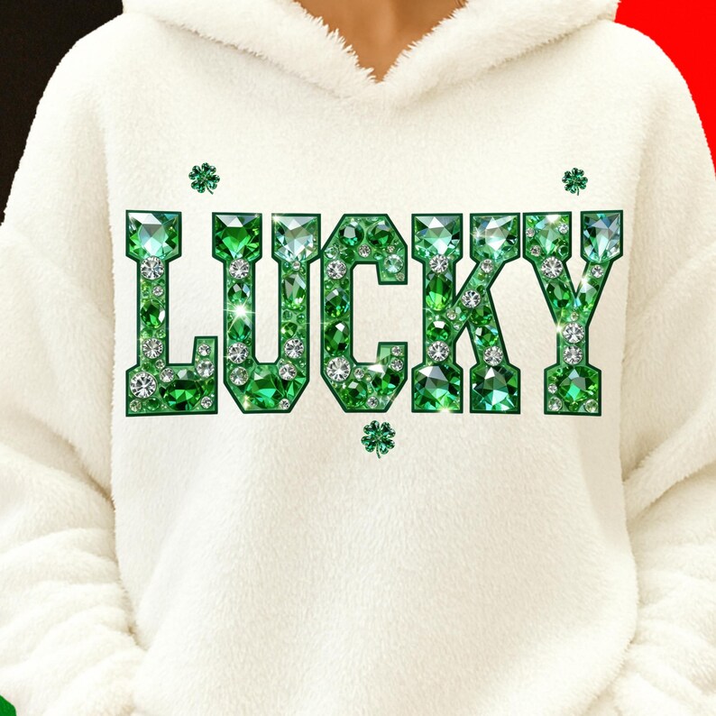 May include: White hooded sweatshirt with the word "LUCKY" in large, sparkling green letters. The letters are embellished with green and clear gemstones, and small shamrock designs are scattered around the text. The sweatshirt is made of a soft, textured material.