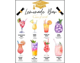 Menu baru z lemoniadą na imprezę z okazji ukończenia szkoły (PNG), drukowany szyld baru z lemoniadą, dekoracja stanowiska koktajlowego, menu drinków na imprezę z okazji ukończenia szkoły (PDF)