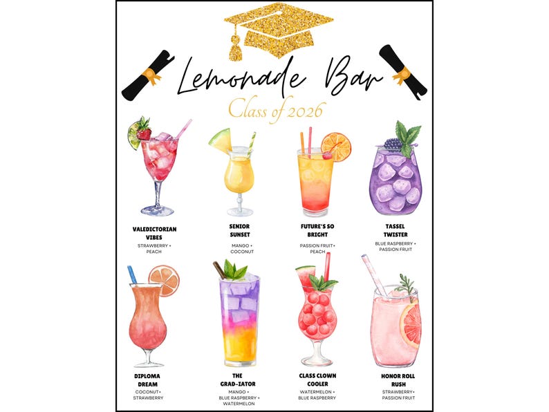 Graduation Party Lemonade Bar Menu PNG, Printable Lemonade Bar Sign ...