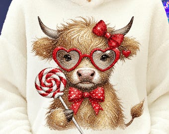 Mucca scozzese con strass finti PNG, civetta di San Valentino PNG, sublimazione di San Valentino, Ciao San Valentino PNG, cuore d'amore Xoxo Vday digitale