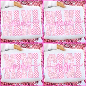 May include: Four white tote bags with pink text. Each bag features a different name: "MAMA", "NANA", "MIMI", and "GIGI". The letters are a combination of leopard print and a pink and white checkerboard pattern.
