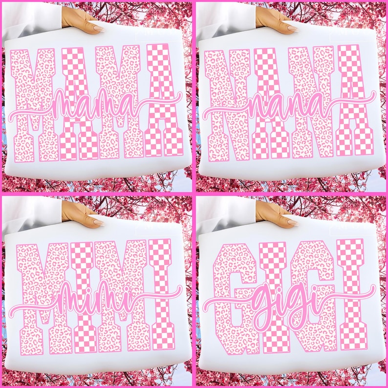 May include: Four white tote bags with pink text. Each bag features a different name: "MAMA", "NANA", "MIMI", and "GIGI". The letters are a combination of leopard print and a pink and white checkerboard pattern.