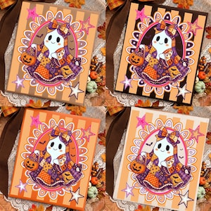 Fantasma rayado de Halloween PNG, Fantasma preppy con lazo floral PNG, Fantasma patchwork PNG, Espeluznante PNG, Calabaza especiada PNG, Calabaza de otoño coqueta, Otoño PNG