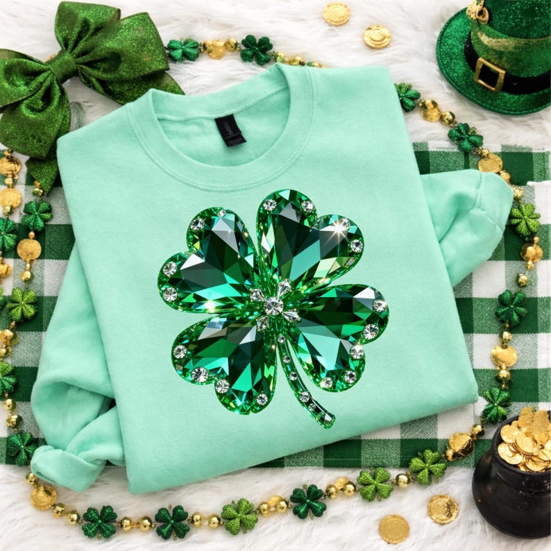 May include: A mint green sweatshirt featuring a large, sparkling green shamrock design. The shamrock is embellished with crystals. The image also includes a green bow, a leprechaun hat, and gold coins, all on a white and green checkered background.
