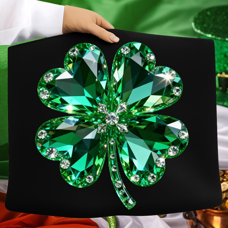 May include: A black decorative item featuring a large, sparkling green shamrock design. The shamrock is adorned with numerous clear, round crystals, creating a dazzling effect. The shamrock is held by a person.