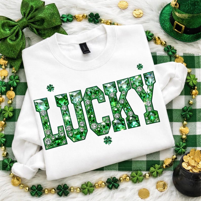 May include: White crew neck sweatshirt with the word "LUCKY" in large, sparkling green gem lettering. The design includes shamrocks and is surrounded by St. Patrick's Day themed decorations, including a green bow and a pot of gold.