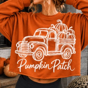 Puede incluir: Una sudadera de manga larga color naranja quemado con un gráfico de líneas blancas de una camioneta antigua que lleva calabazas en la parte trasera. Debajo, el texto "Pumpkin Patch" está impreso en letra cursiva blanca.