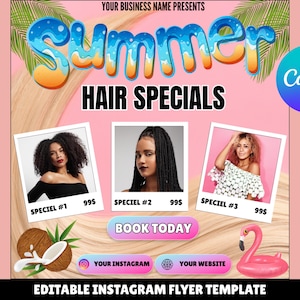 Editable Summer Hair Specials Flyer Canva Template, Wig Install Sale Social Media Post, Summer Hair Booking Now, DIY Wig Flyer