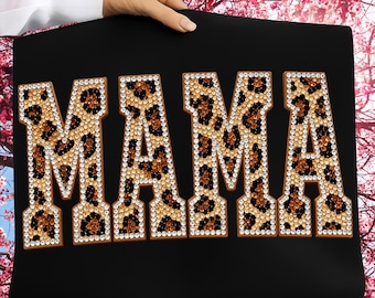 Leopard Bling Mama PNG, Rhinestone Crystal Mama Png, Coquette Bow Leopard Varsity Mothers Day Sublimation, Mosaic Jewel Letters Png Design