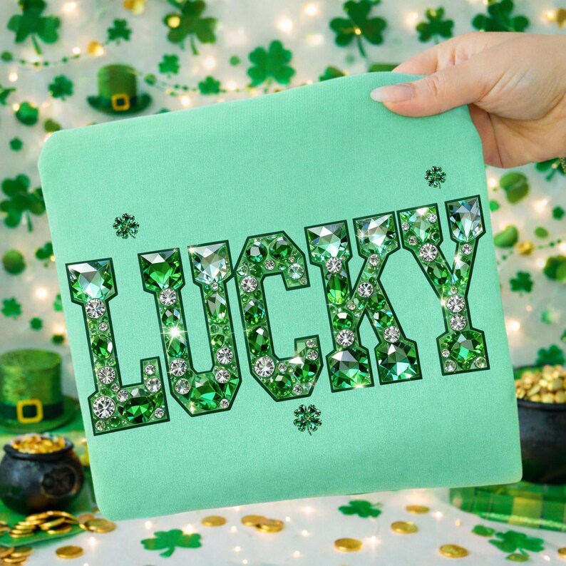 May include: A light green square item with the word "LUCKY" spelled out in large, sparkling green and clear gems. The background features shamrocks, gold coins, and a pot of gold, creating a festive St. Patrick's Day theme.