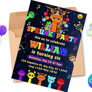 K&ouml;nnte beinhalten: Eine farbenfrohe Einladung zu einer Sprunki-Party, um Williams sechsten Geburtstag zu feiern. Die Einladung zeigt eine Comicfigur mit Regenbogenhaar vor einem blauen Sternenhimmel. Der Text auf der Einladung lautet "Sprunki Party", "Feiert mit uns Williams sechsten Geburtstag", "Samstag, 23. Juli um 15:00 Uhr", "123 Anywhere St, Any City, ST 12345" und "rsvp +123-456-7890".