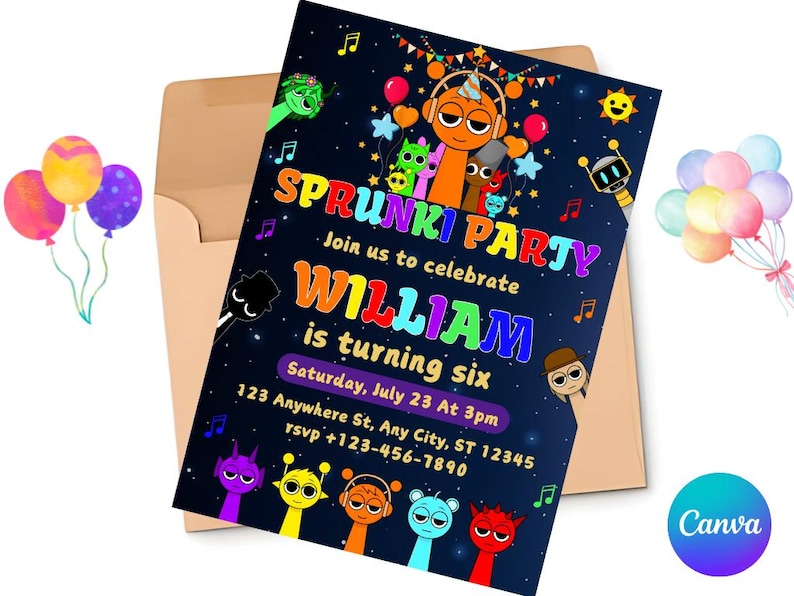 K&ouml;nnte beinhalten: Eine farbenfrohe Einladung zu einer Sprunki-Party, um Williams sechsten Geburtstag zu feiern. Die Einladung zeigt eine Comicfigur mit Regenbogenhaar vor einem blauen Sternenhimmel. Der Text auf der Einladung lautet "Sprunki Party", "Feiert mit uns Williams sechsten Geburtstag", "Samstag, 23. Juli um 15:00 Uhr", "123 Anywhere St, Any City, ST 12345" und "rsvp +123-456-7890".