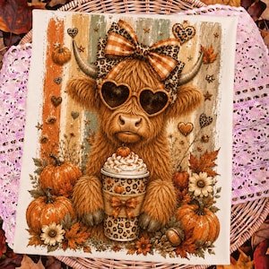 May include: A rectangular fabric print featuring a fluffy Highland cow wearing heart-shaped sunglasses and a plaid bow. The cow holds a leopard-print coffee cup topped with whipped cream and a pumpkin. The scene includes orange pumpkins and autumn leaves.