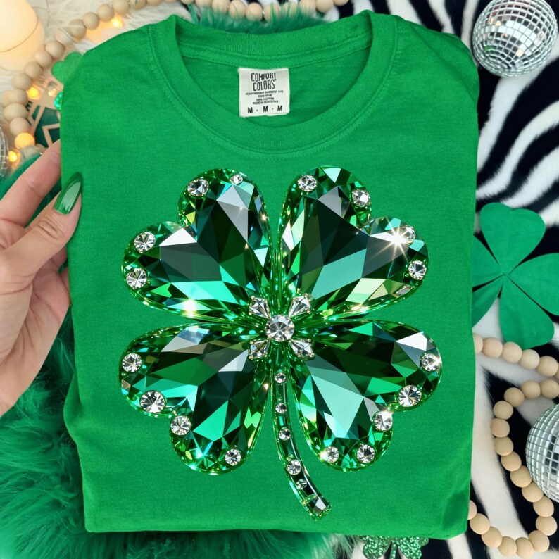 May include: A green t-shirt featuring a large, sparkling four-leaf clover design. The clover is made of faceted green gems with clear crystal accents. The shirt has a crew neck and the Comfort Colors brand tag.