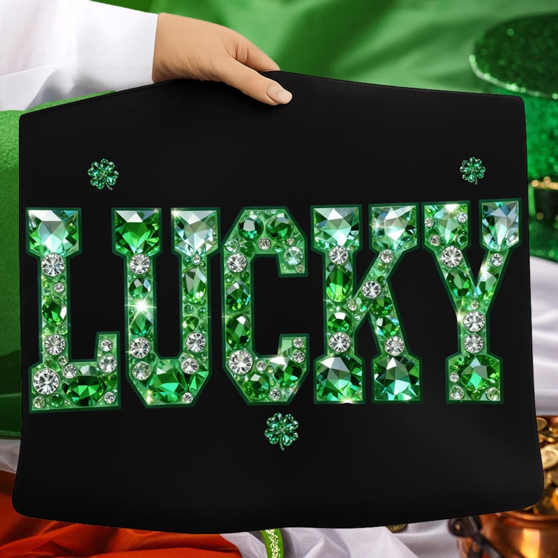 May include: Black sign with the word "LUCKY" spelled out in green gemstones and white rhinestones. The sign has a shamrock in each corner. The sign is held by a person.