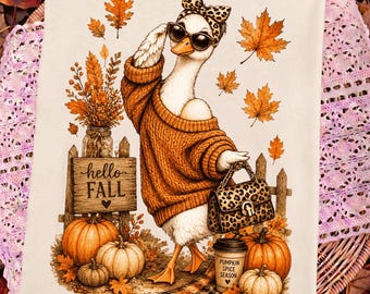 Hello Fall Goose Png, Glam Goose Bow PNG, Cute Animal Autumn Design, Cozy Season Png, Pumpkin Spice Png, Trending Fall Png, Fall Vibes Png