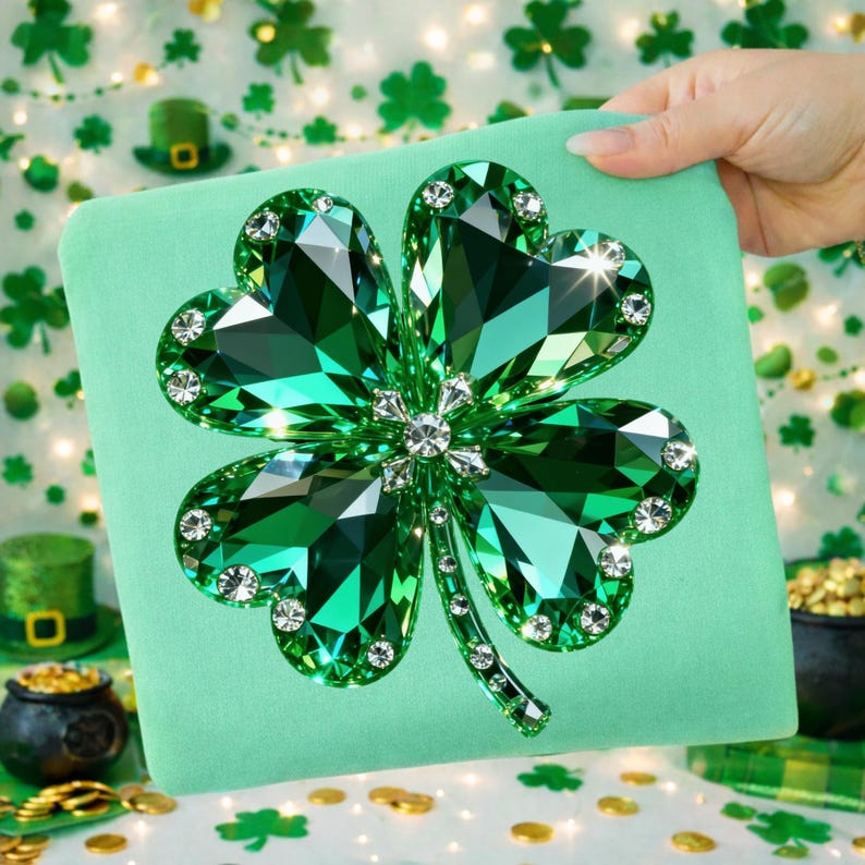May include: A green square pillow featuring a large, sparkling four-leaf clover design. The clover is made of faceted green gems with clear crystal accents. The pillow is held by a hand, with a St. Patrick's Day theme.