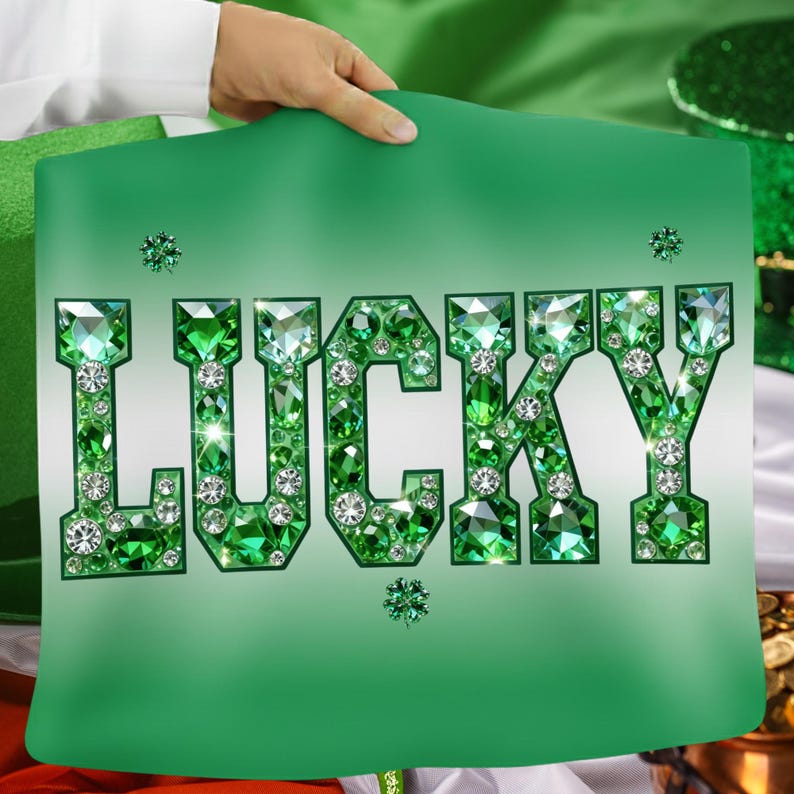 May include: A green decorative sign with the word "LUCKY" spelled out in large, sparkling green gems and clear crystals. The sign is held up by a person. The background is a gradient of green.