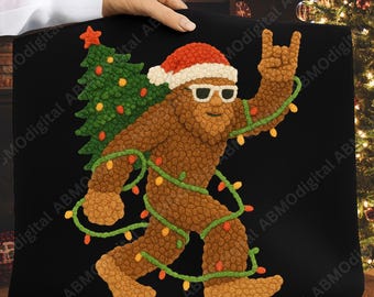 Latch Hook Yarn Bigfoot PNG, Crochet Christmas Tree Shirt Design, Bigfoot Christmas Faux Embroidery Preppy Christmas PNG, Digital Download