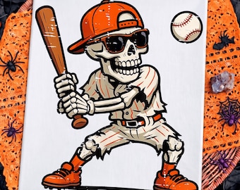 Funny Skeleton Playing Baseball Halloween PNG, Spooky Season Shirt Design, Baseball Halloween Sublimation, Game Day Png, Skeleton Baseball