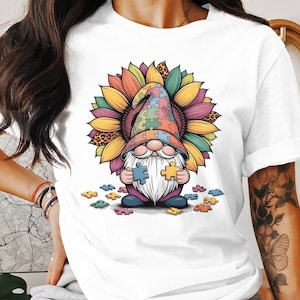 Autismus Gnom Sonnenblume PNG, Autismus Bewusstsein Sublimationsdesign, Puzzleteile PNG, Neurovielfalt Unterstützung, digitaler Download für T-Shirt