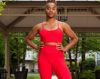 Red Ribbed Activewear Set, Yoga Set, Great for Walking and Light