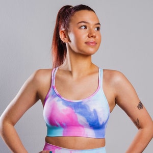 Blue and pink tie dye sports bra, yoga bra, workout bra