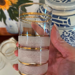 Perfect addition to your bar - 4 MCM frosted and gold banded tall drinking glasses