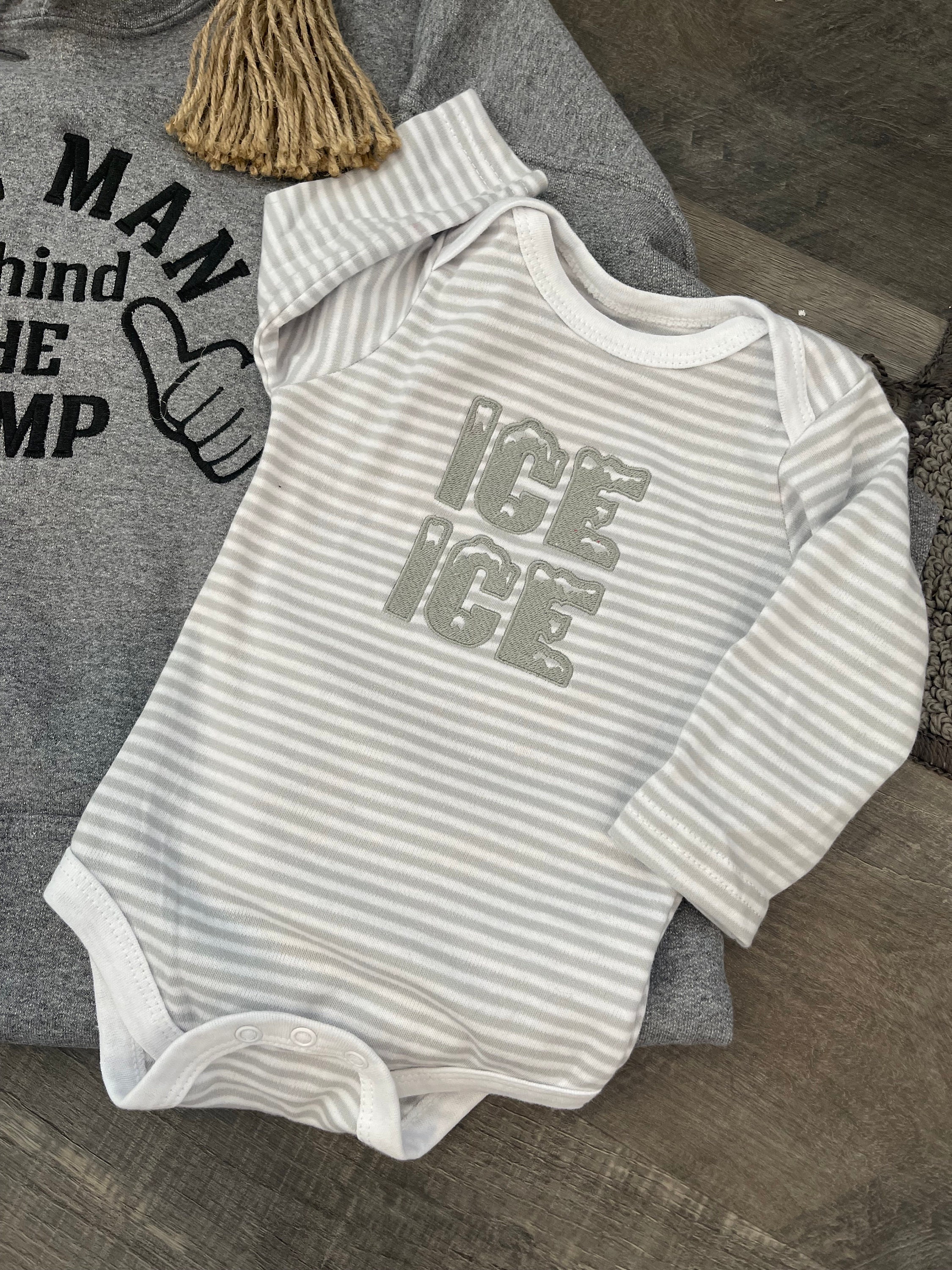 Discover ICE ICE Baby Man behind the bump embroidered hoodie, infant shirt. Custom embroidered