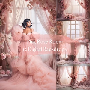 Pink Rose Floral Room Digitale Achtergronden, Moederschap Familie Bruiloft Digitale Overlays, Studio Fotografie Digitale Achtergrond, Photoshop Overlays