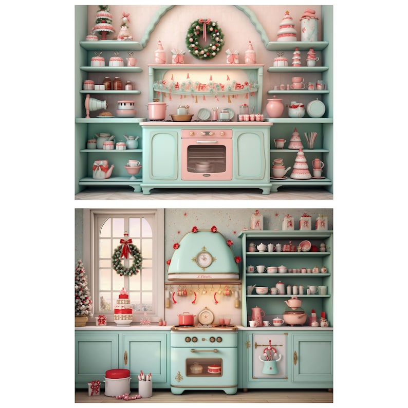 Christmas Retro Kitchen Digital Backdrops, Composite Backdrops Holiday ...